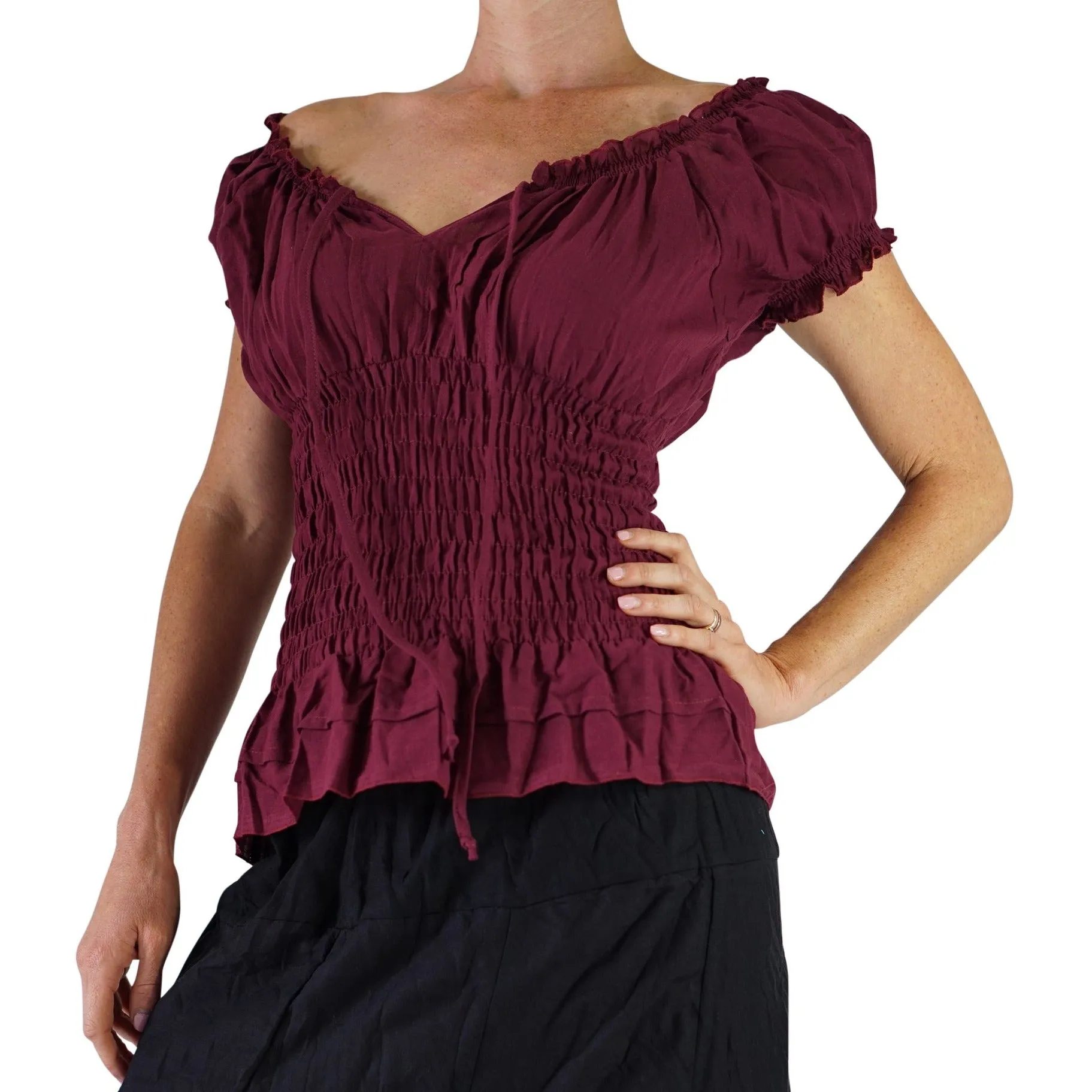 'SS Peasant Blouse, Chemise' - Maroon