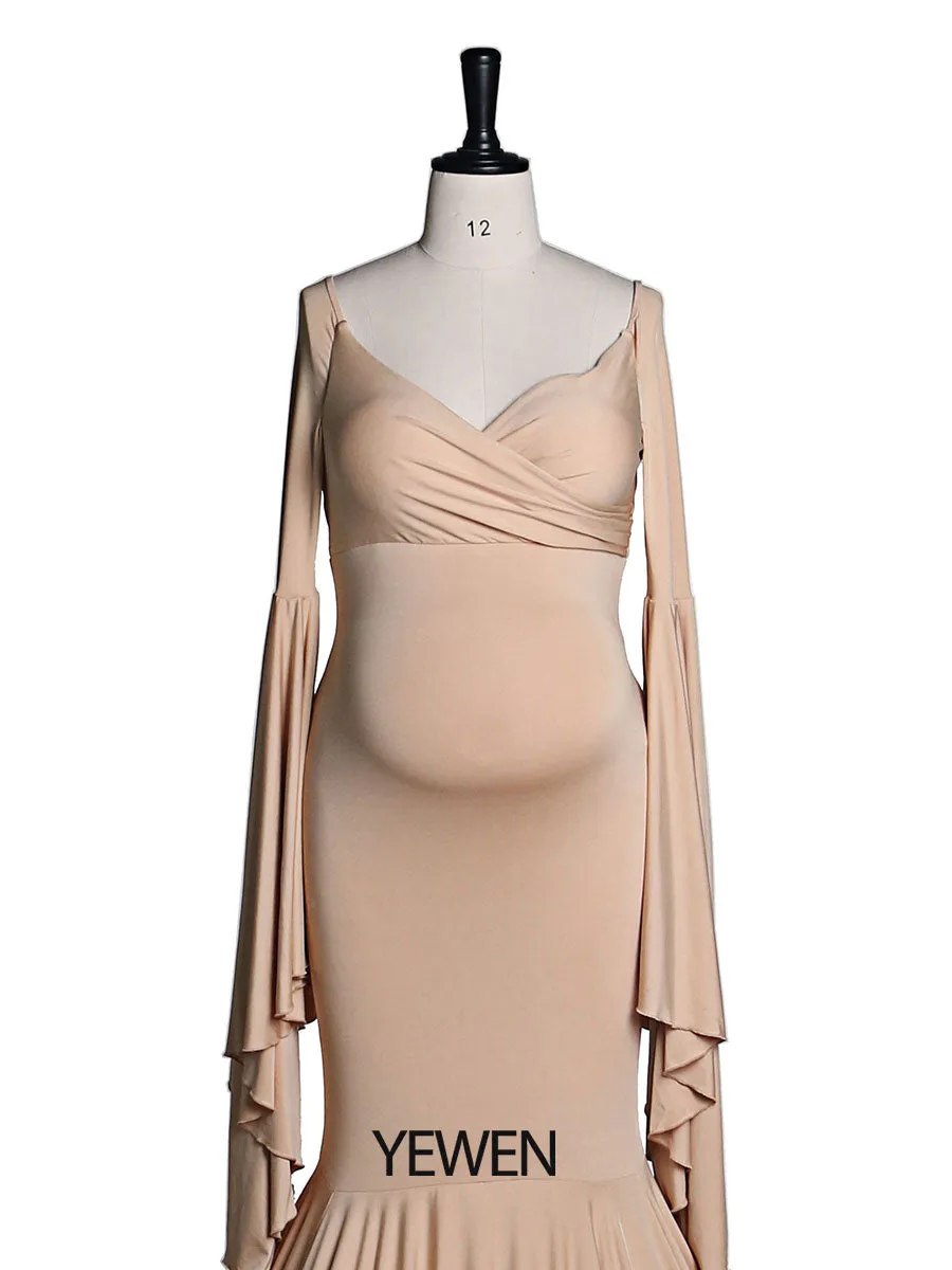 Stretch Fabric V Neck Long Sleeves Mermaid Style Maternity Gown for Photo Shoot Babyshower Custom Color YW21010