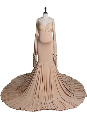 Stretch Fabric V Neck Long Sleeves Mermaid Style Maternity Gown for Photo Shoot Babyshower Custom Color YW21010