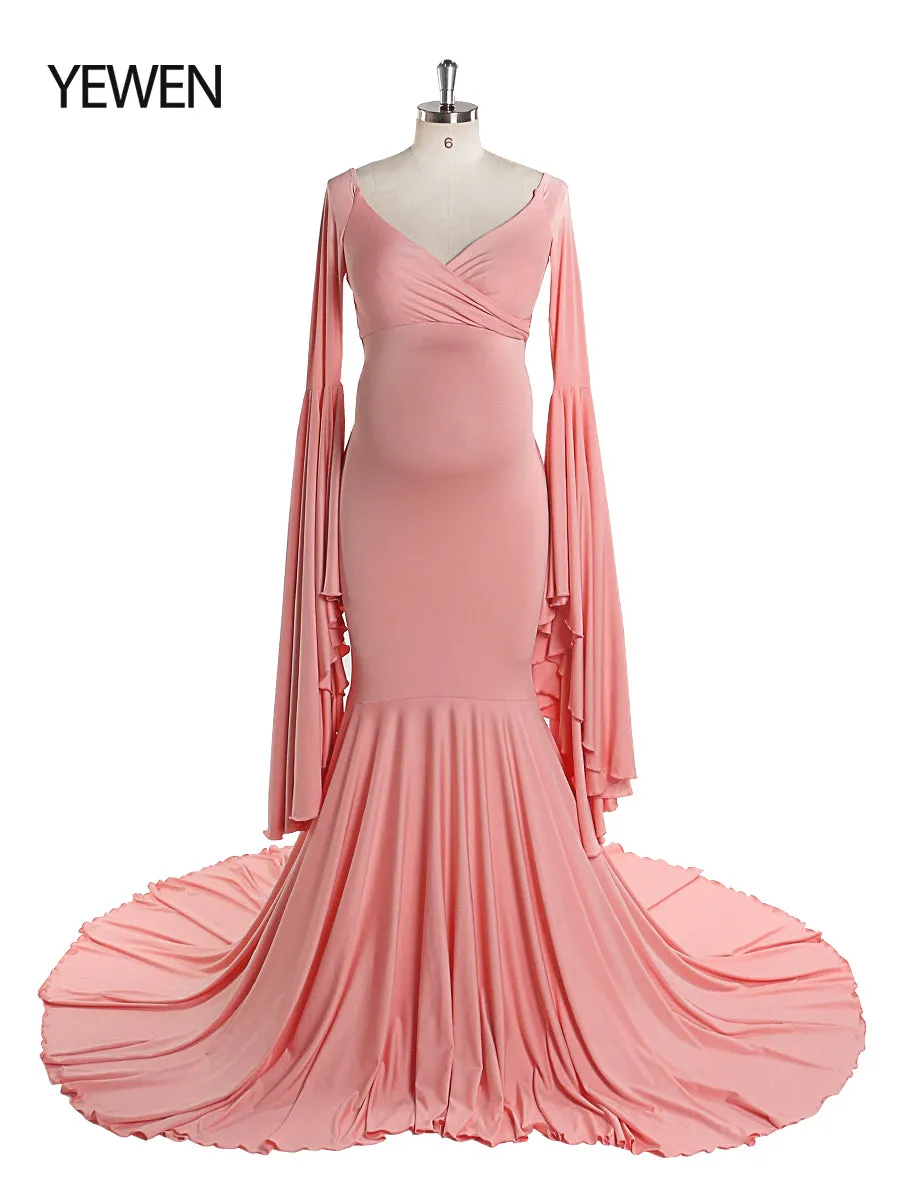 Stretch Fabric V Neck Long Sleeves Mermaid Style Maternity Gown for Photo Shoot Babyshower Custom Color YW21010