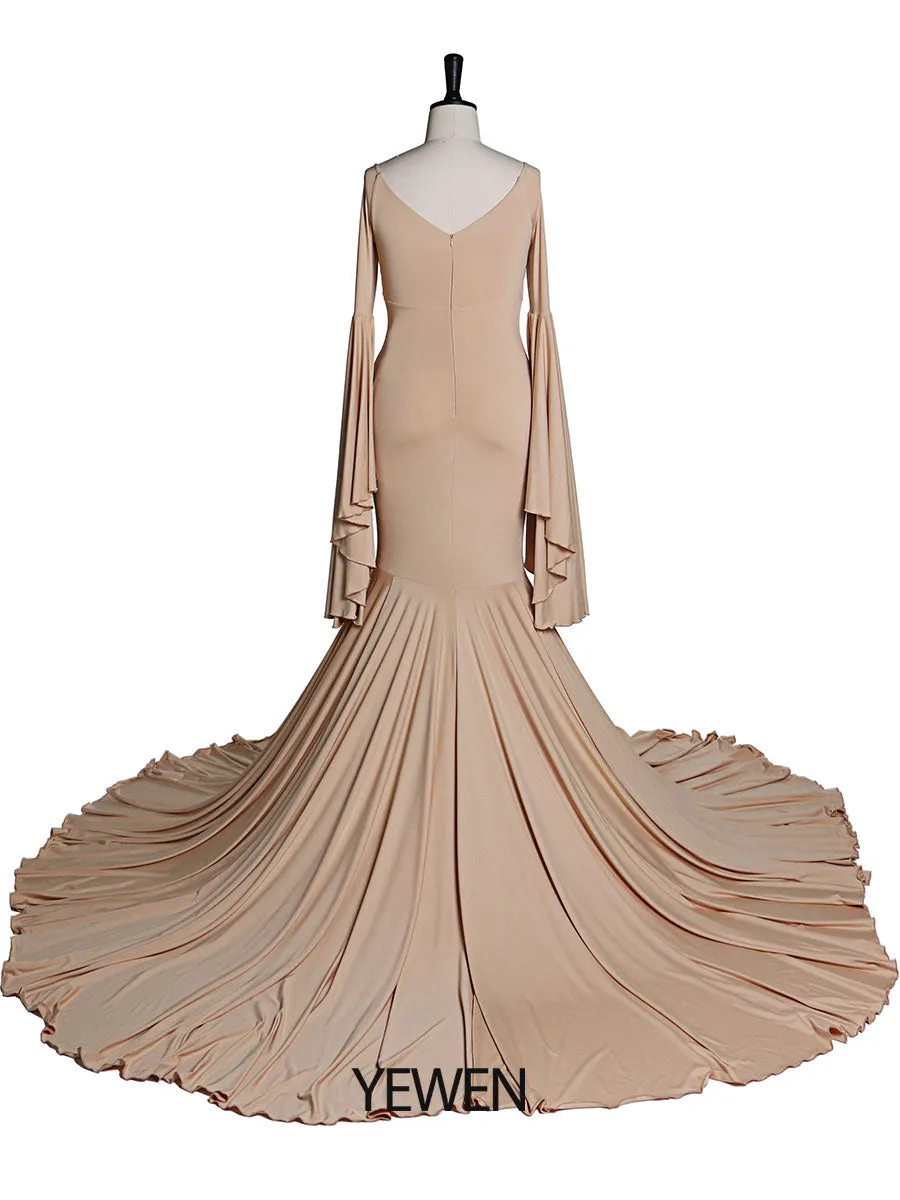 Stretch Fabric V Neck Long Sleeves Mermaid Style Maternity Gown for Photo Shoot Babyshower Custom Color YW21010