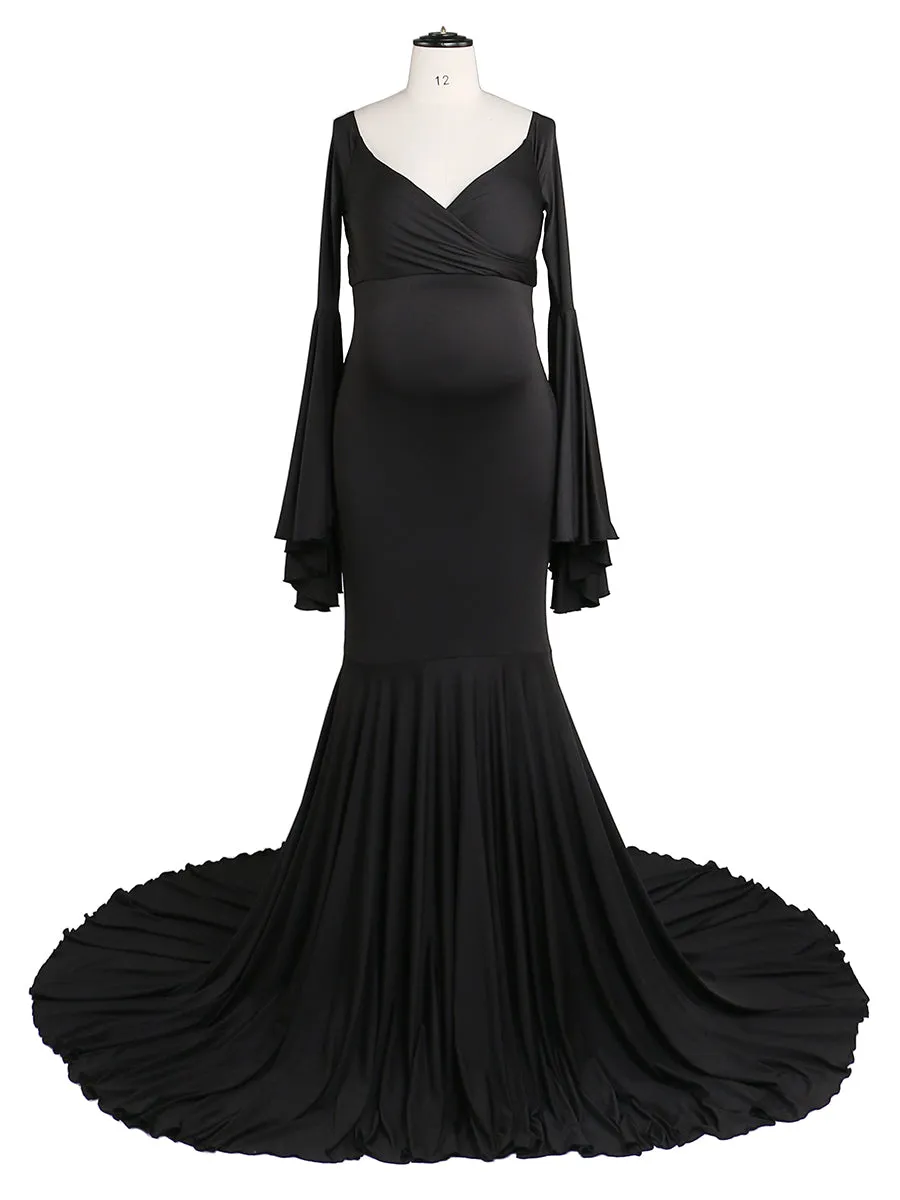 Stretch Fabric V Neck Long Sleeves Mermaid Style Maternity Gown for Photo Shoot Babyshower Custom Color YW21010