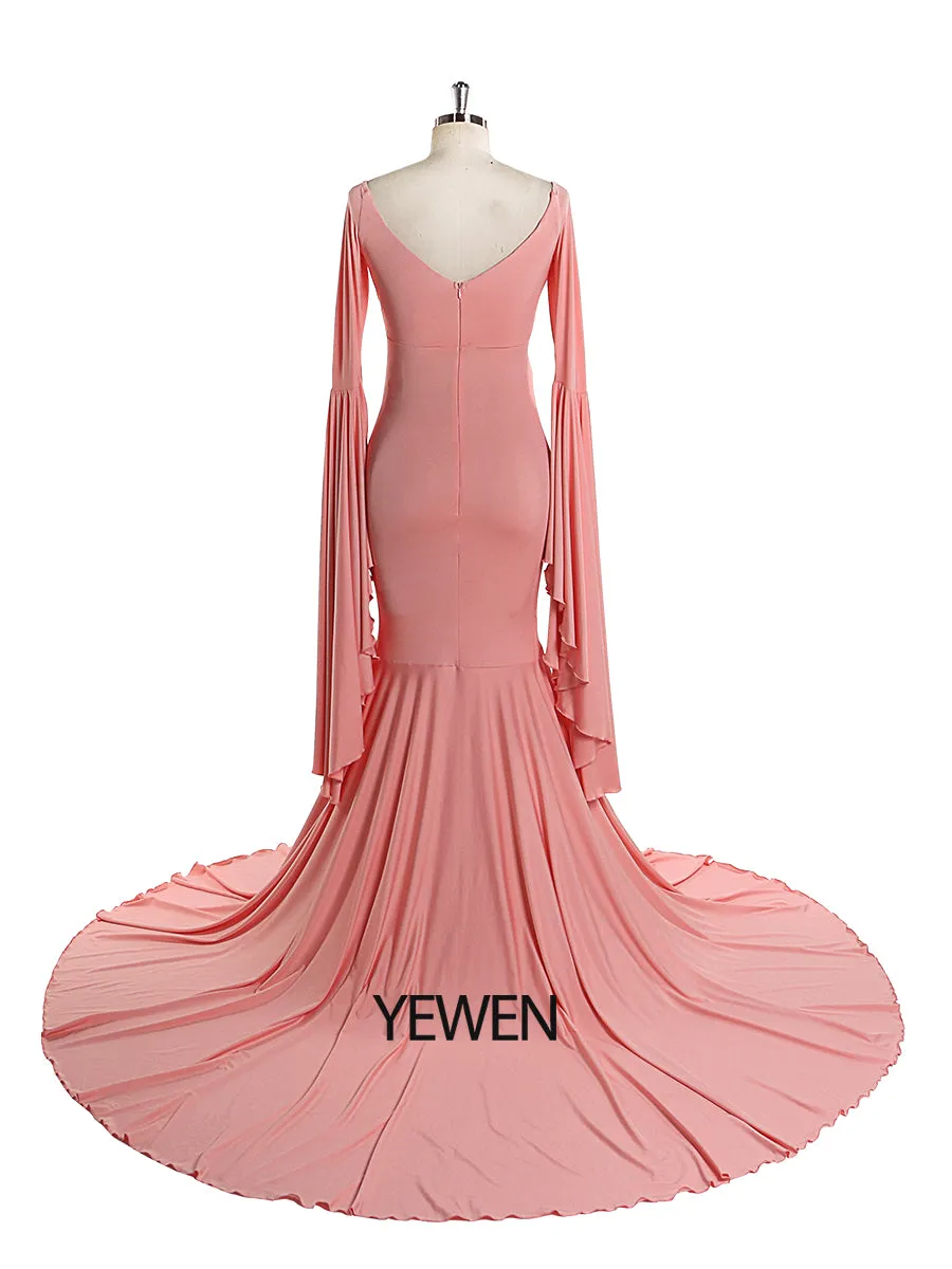Stretch Fabric V Neck Long Sleeves Mermaid Style Maternity Gown for Photo Shoot Babyshower Custom Color YW21010