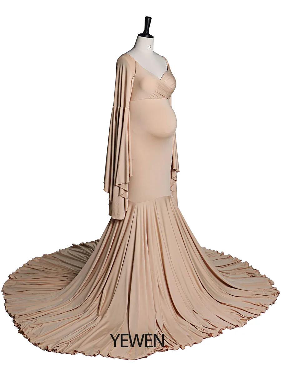 Stretch Fabric V Neck Long Sleeves Mermaid Style Maternity Gown for Photo Shoot Babyshower Custom Color YW21010