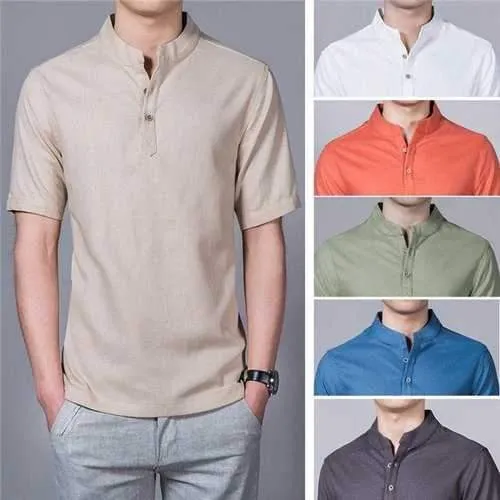 Summer Mens Plus Size Chinese Style Linen Breathable Short sleeved Stand Collar T Shirts