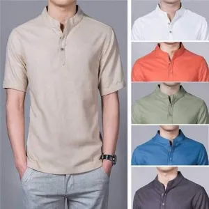 Summer Mens Plus Size Chinese Style Linen Breathable Short sleeved Stand Collar T Shirts