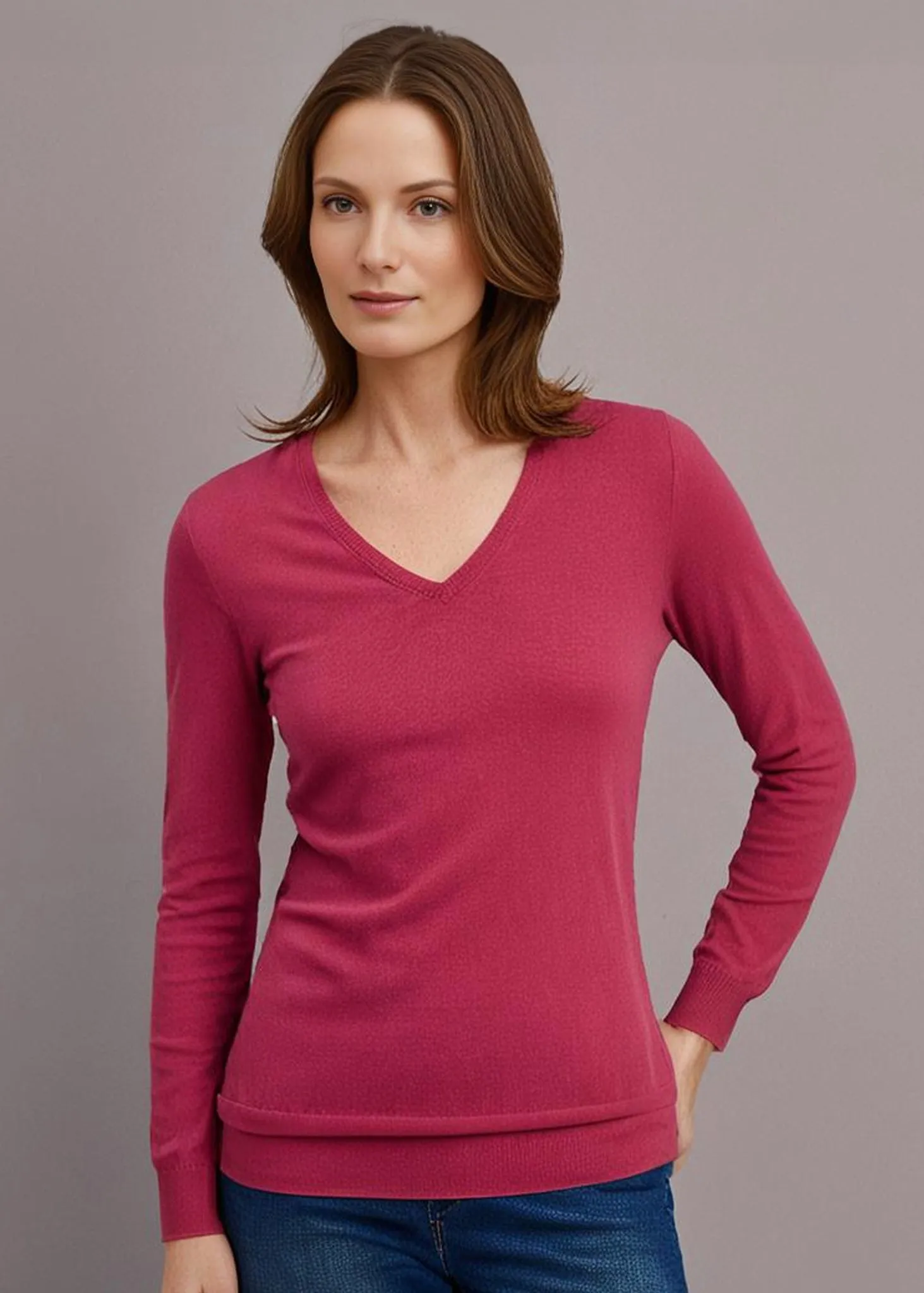 Thea Cotton Cashmere Vee Neck Jumper In Raspberry