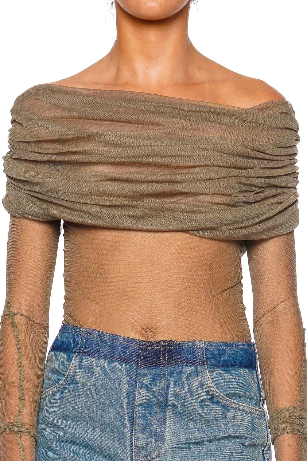 Veiled Eucalyptus Off Shoulder Silk Top