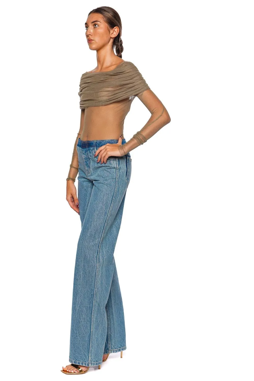 Veiled Eucalyptus Off Shoulder Silk Top