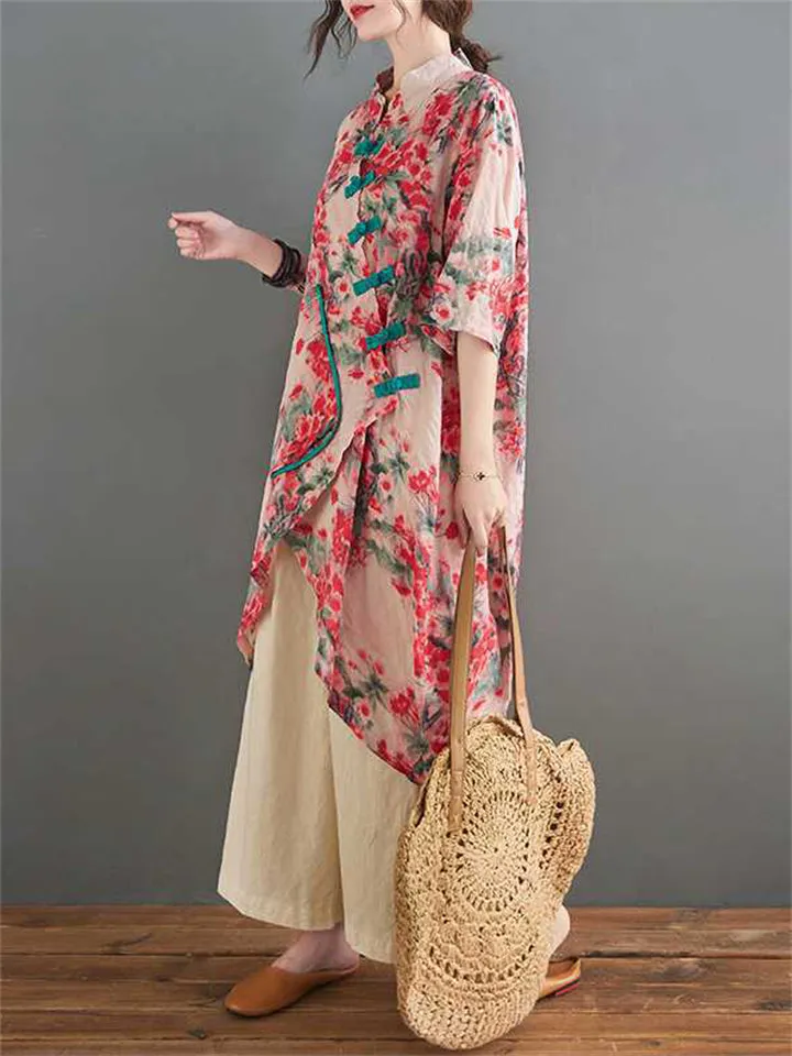 Vintage Red Plum Blossom Patch Pocket Irregular Hem Shirt for Women