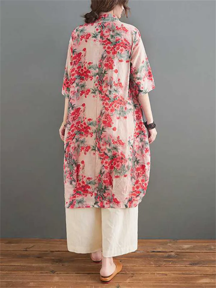 Vintage Red Plum Blossom Patch Pocket Irregular Hem Shirt for Women