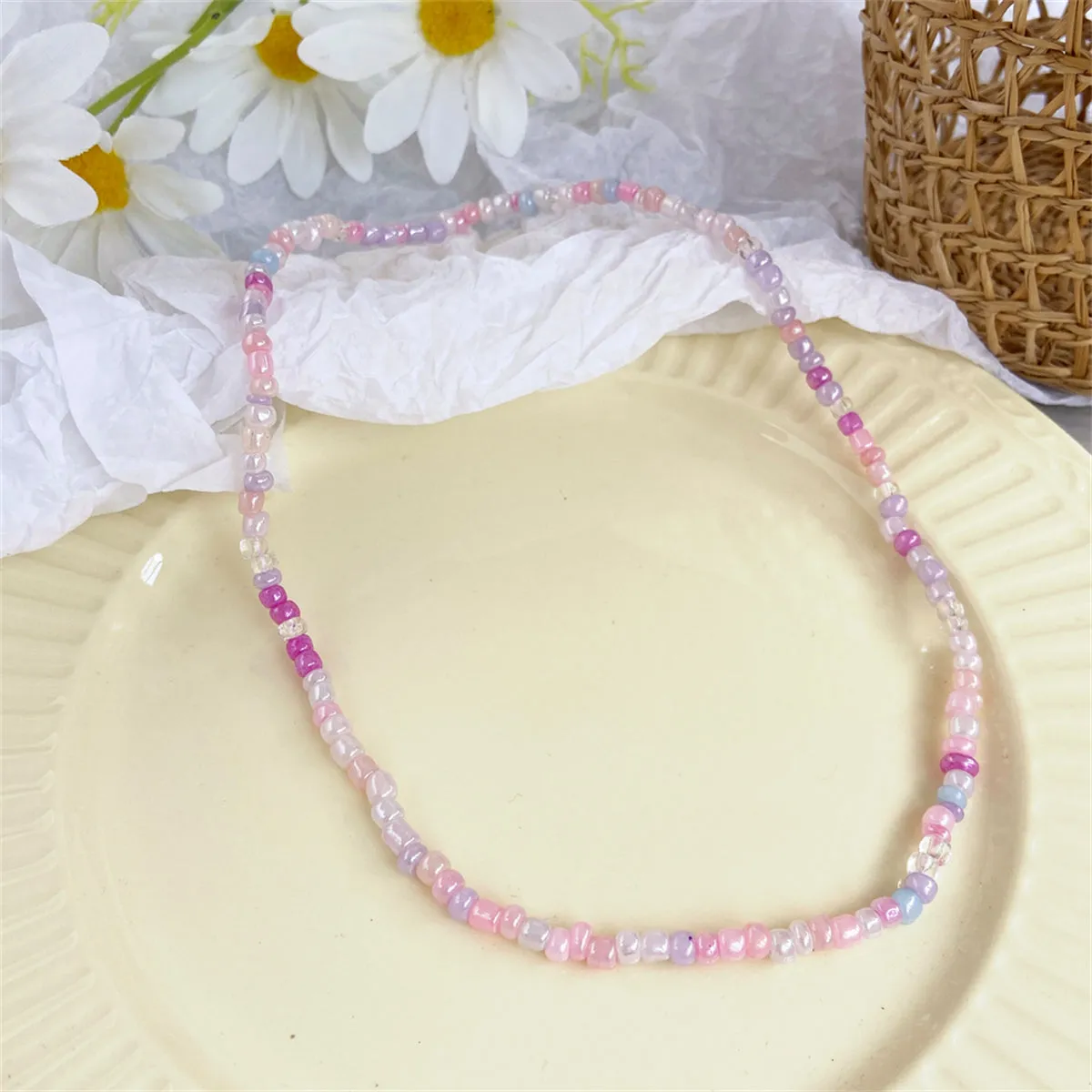 White & Multicolor Teal Howlite & Acrylic Stretch Necklace