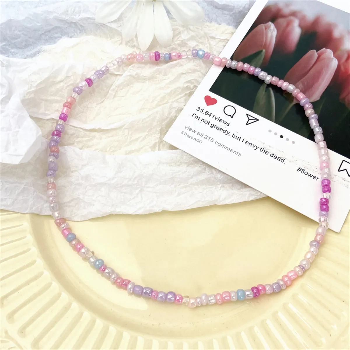 White & Multicolor Teal Howlite & Acrylic Stretch Necklace