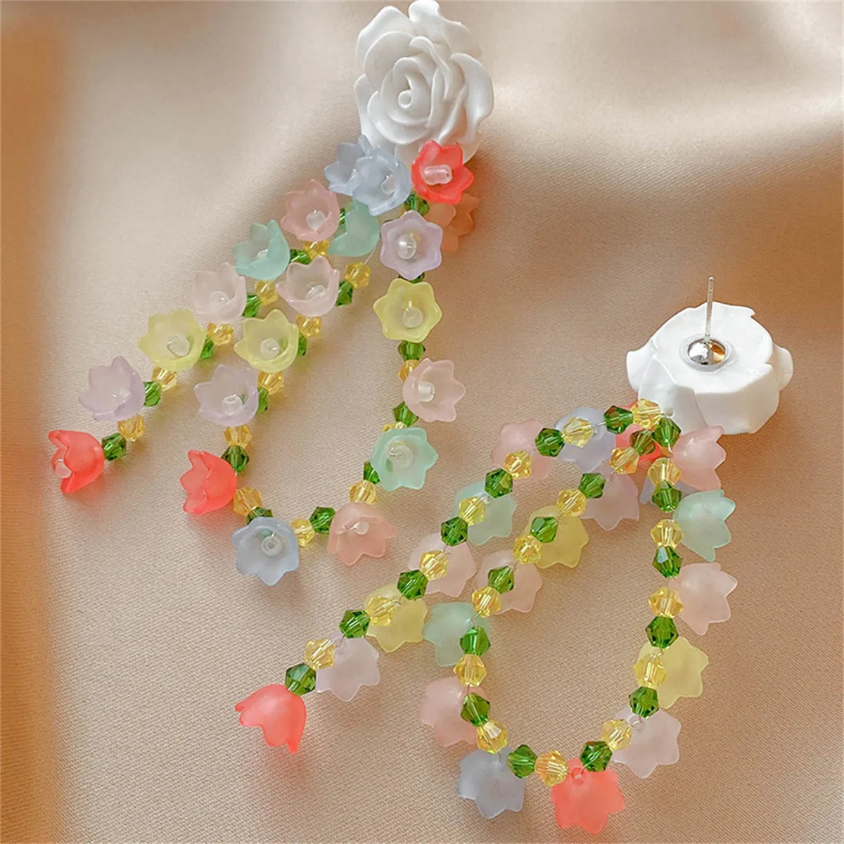 White & Yellow Beaded Floral Tassel Drop Earrings