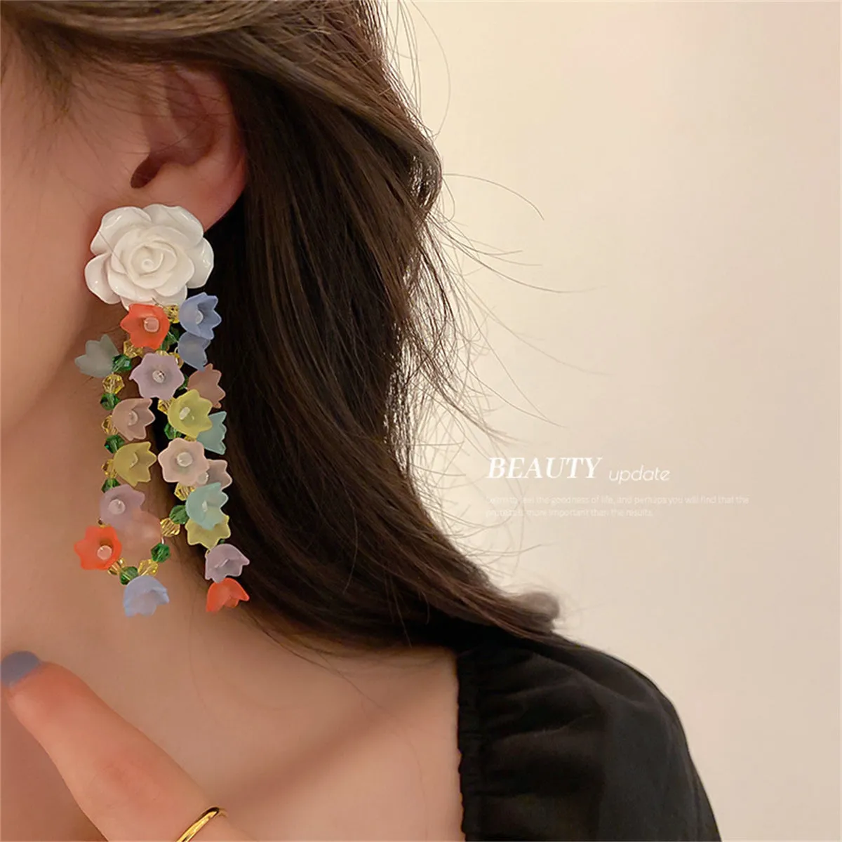White & Yellow Beaded Floral Tassel Drop Earrings