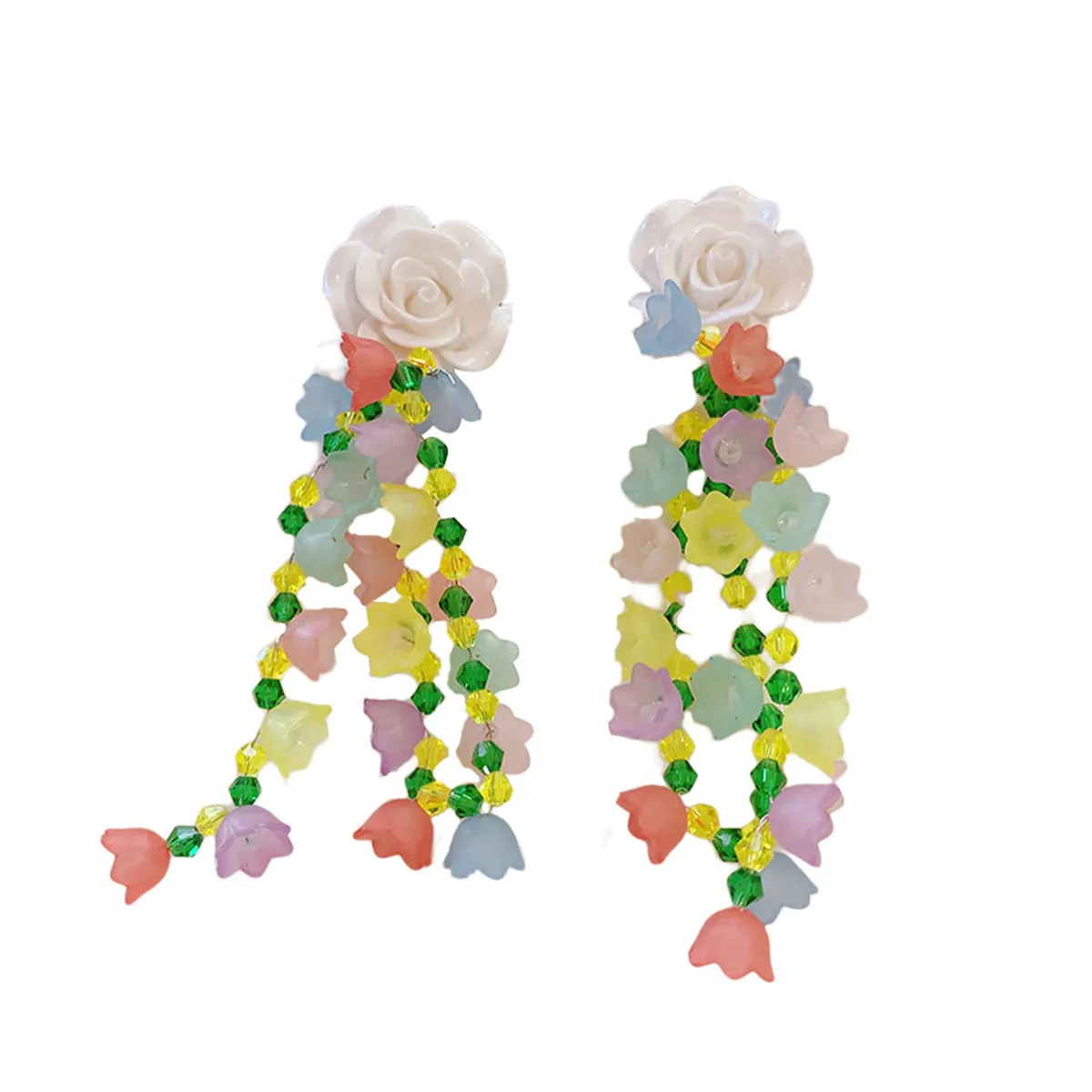 White & Yellow Beaded Floral Tassel Drop Earrings