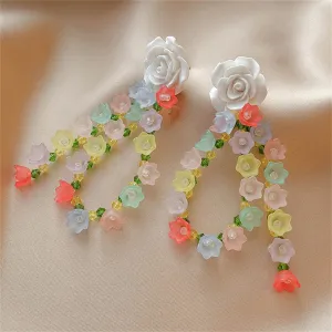 White & Yellow Beaded Floral Tassel Drop Earrings
