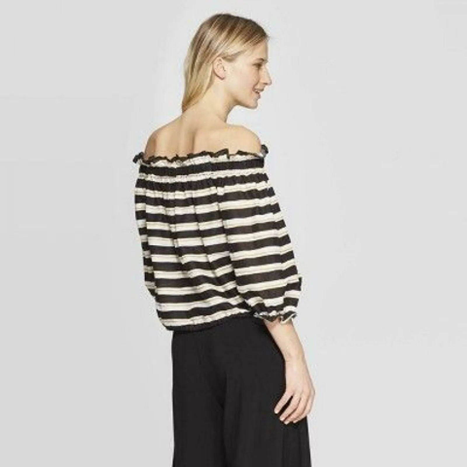 Who What Wear Women's Striped Off the Shoulder Bardot Top Black Multi XL
