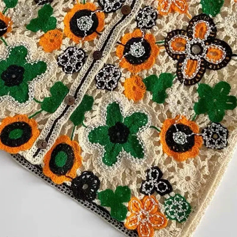 Women Hollow Crochet Knit Vest Waistcoat Beaded Floral Button Crop Cardigan Top