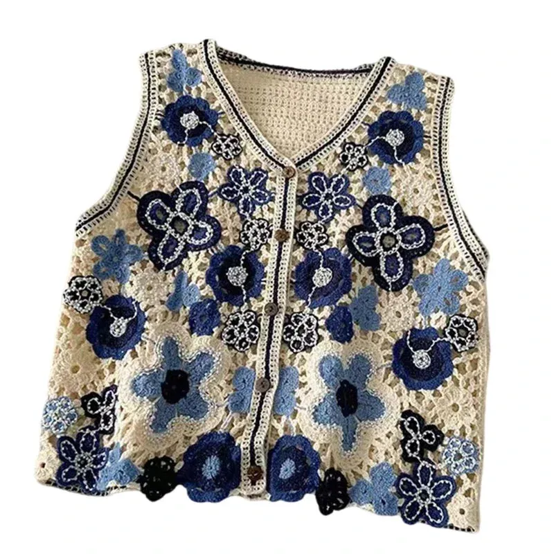Women Hollow Crochet Knit Vest Waistcoat Beaded Floral Button Crop Cardigan Top