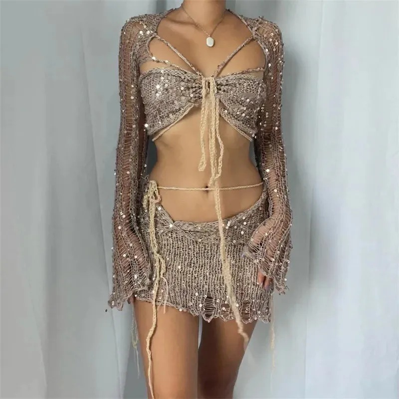 Women Knitted Sequin Crop Top & Midi Skirt Set – Summer Beach Matching 2 Piece Outfit for Bold Women’s Style