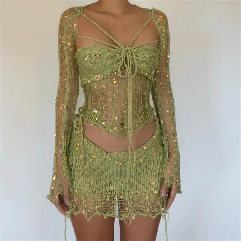 Women Knitted Sequin Crop Top & Midi Skirt Set – Summer Beach Matching 2 Piece Outfit for Bold Women’s Style