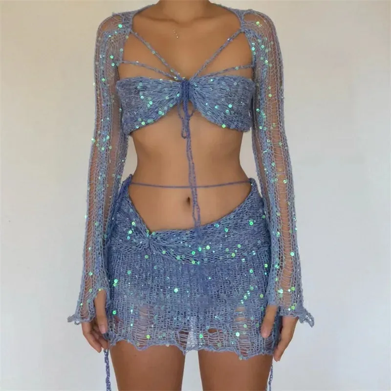 Women Knitted Sequin Crop Top & Midi Skirt Set – Summer Beach Matching 2 Piece Outfit for Bold Women’s Style