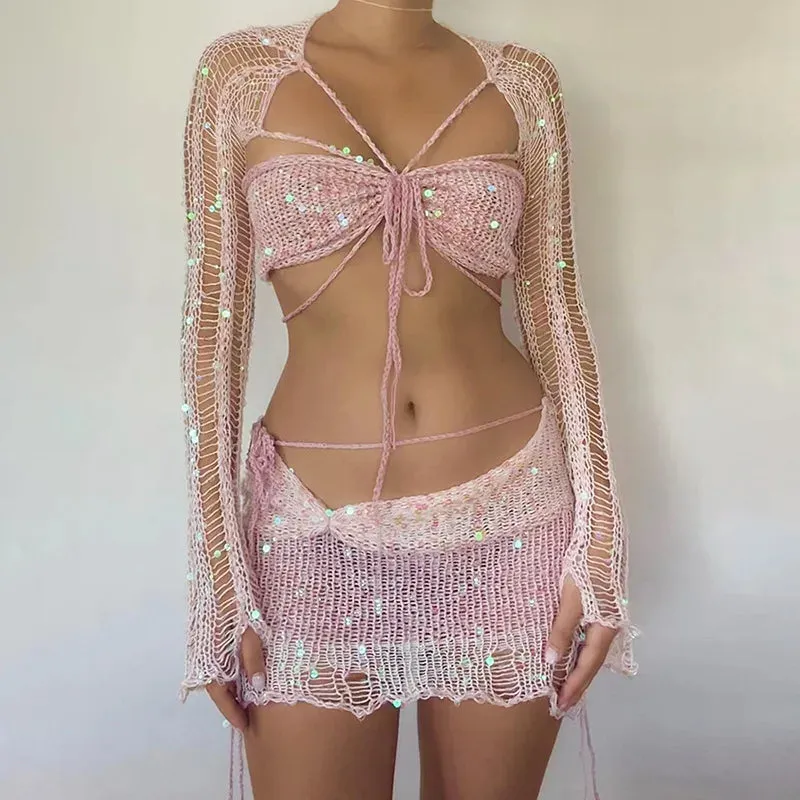 Women Knitted Sequin Crop Top & Midi Skirt Set – Summer Beach Matching 2 Piece Outfit for Bold Women’s Style