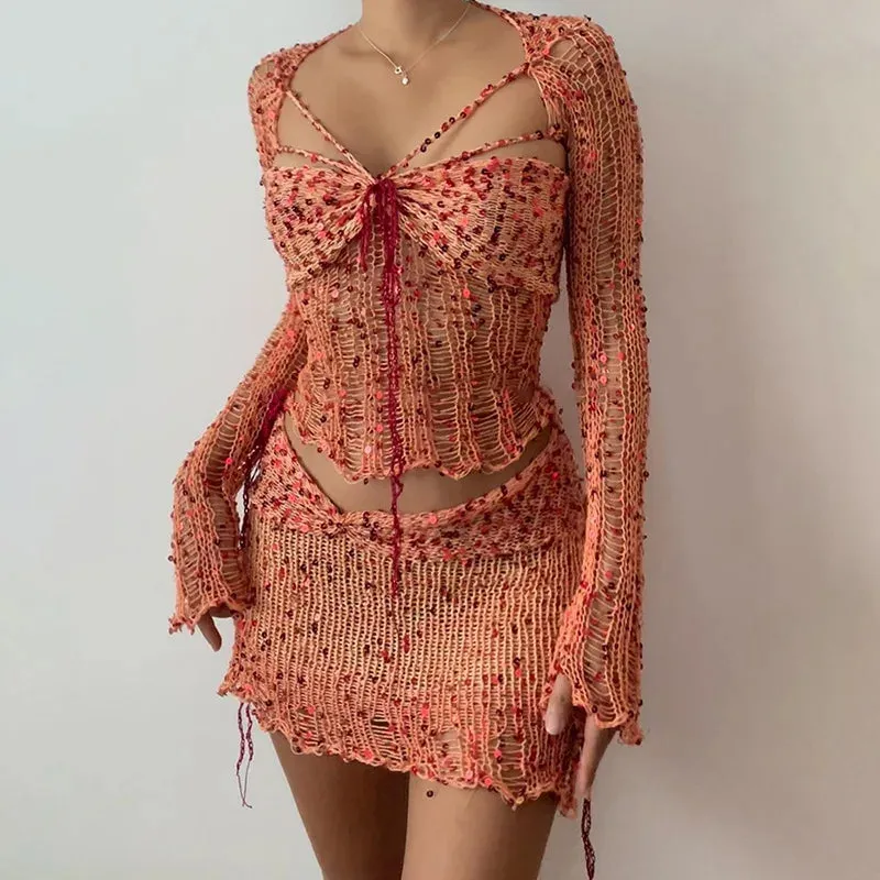 Women Knitted Sequin Crop Top & Midi Skirt Set – Summer Beach Matching 2 Piece Outfit for Bold Women’s Style