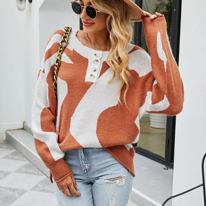 Women Sweaters Kniting Round Collar Pullover Bicolor Buttons