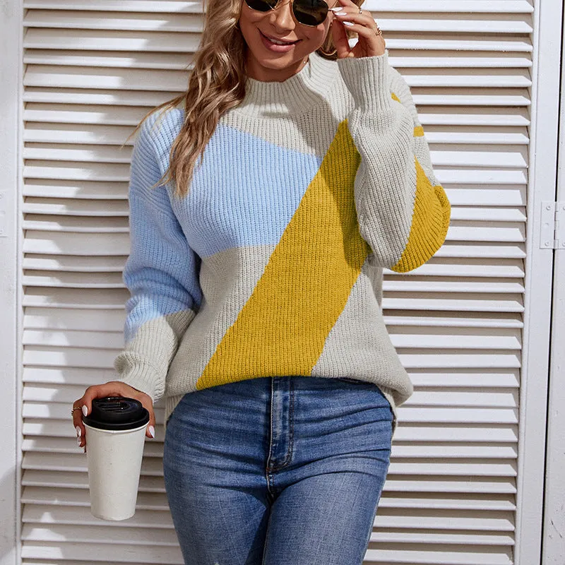 Women Sweaters Kniting Round Collar Pullover Bicolor Stripes