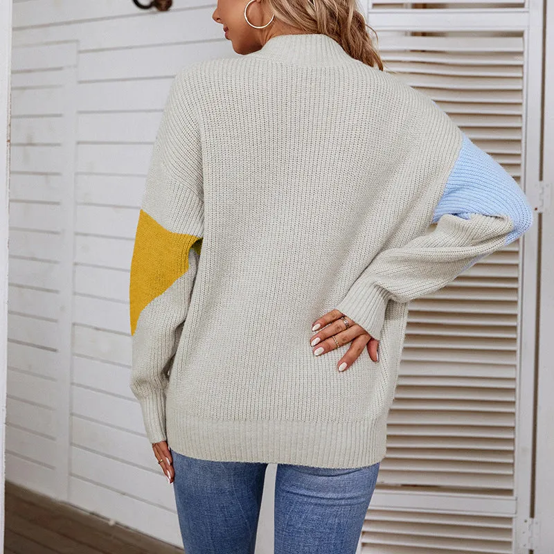 Women Sweaters Kniting Round Collar Pullover Bicolor Stripes