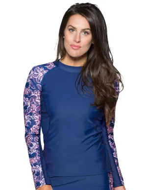 Women's Long Sleeve Rash Guard (Regular & Plus Size) - Paisley/Navy