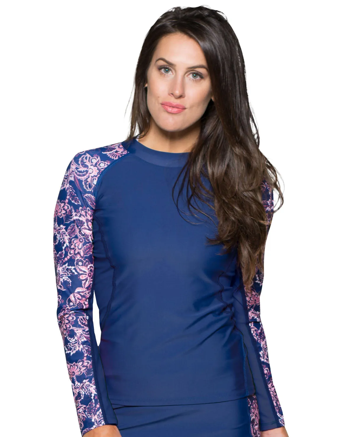 Women's Long Sleeve Rash Guard (Regular & Plus Size) - Paisley/Navy