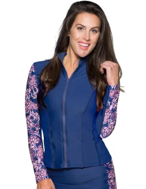 Women's Long Sleeve Zip Swim Jacket (Regular & Plus Size) - Paisley/Navy