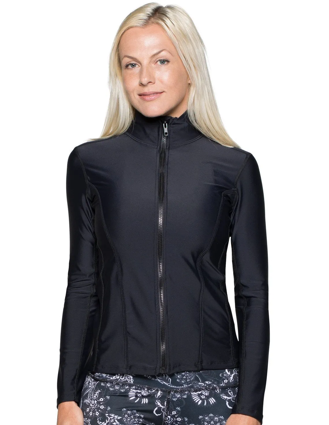 Women's Long Sleeve Zip Swim Jacket (Regular & Plus Size) - Paisley/Navy