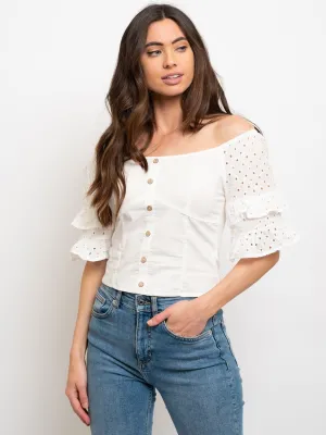 WOMEN'S OFF THE SHOULDER EYELET SMOCK BACK TOP
