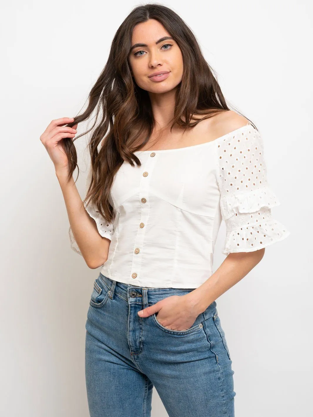 WOMEN'S OFF THE SHOULDER EYELET SMOCK BACK TOP