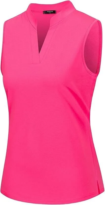 Women's Sleeveless Golf Polo Shirts Lightweight Tennis Sport Tops, Rose Red, S