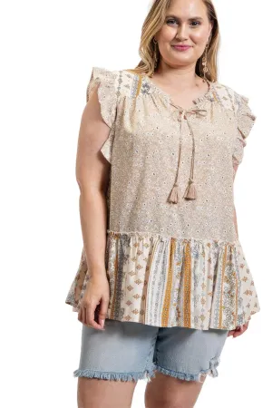 Woven Prints Mixed and Sleeveless Flutter Top with Tassel