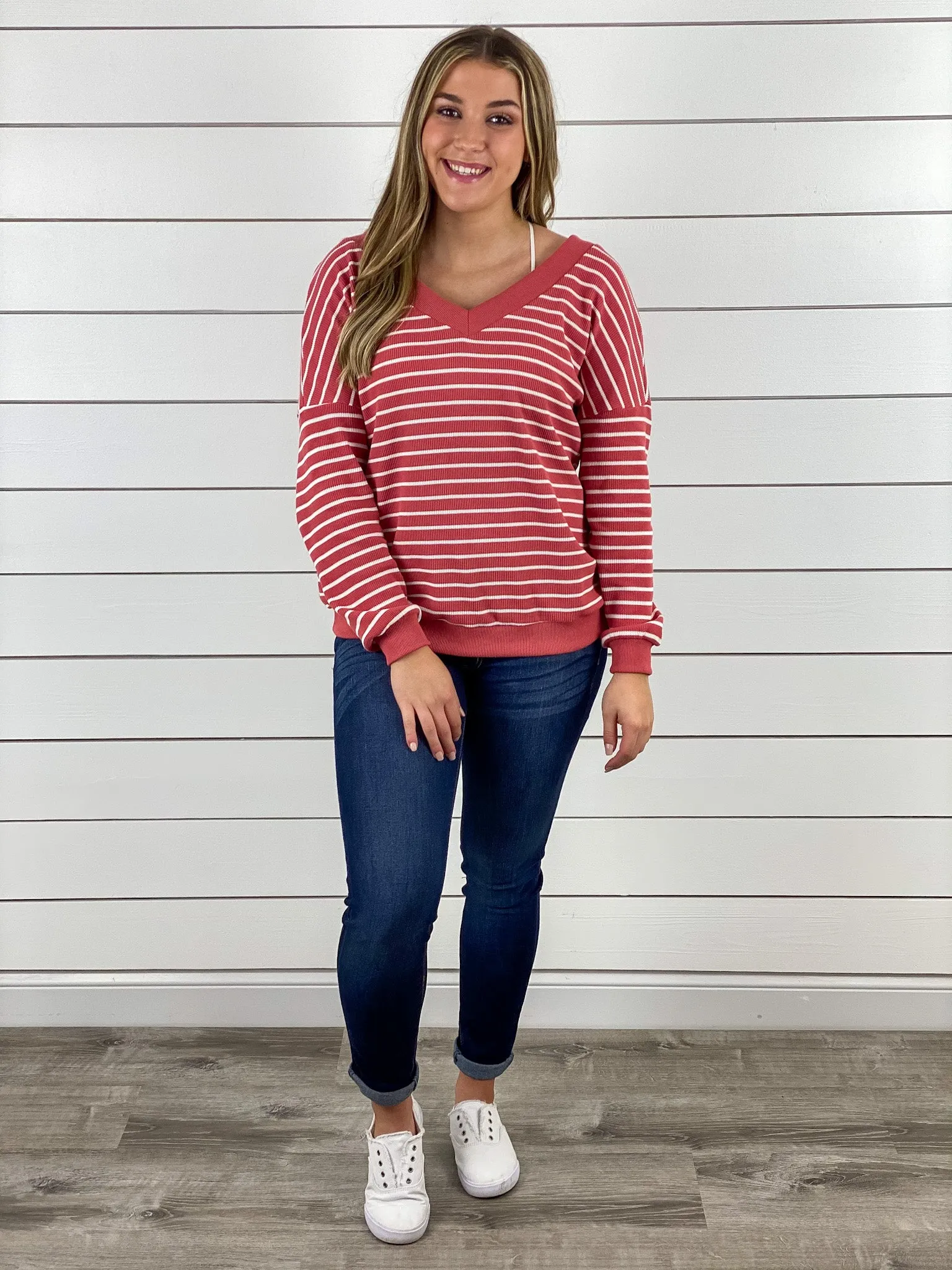 Yours Truly Striped Double V Top - Coral